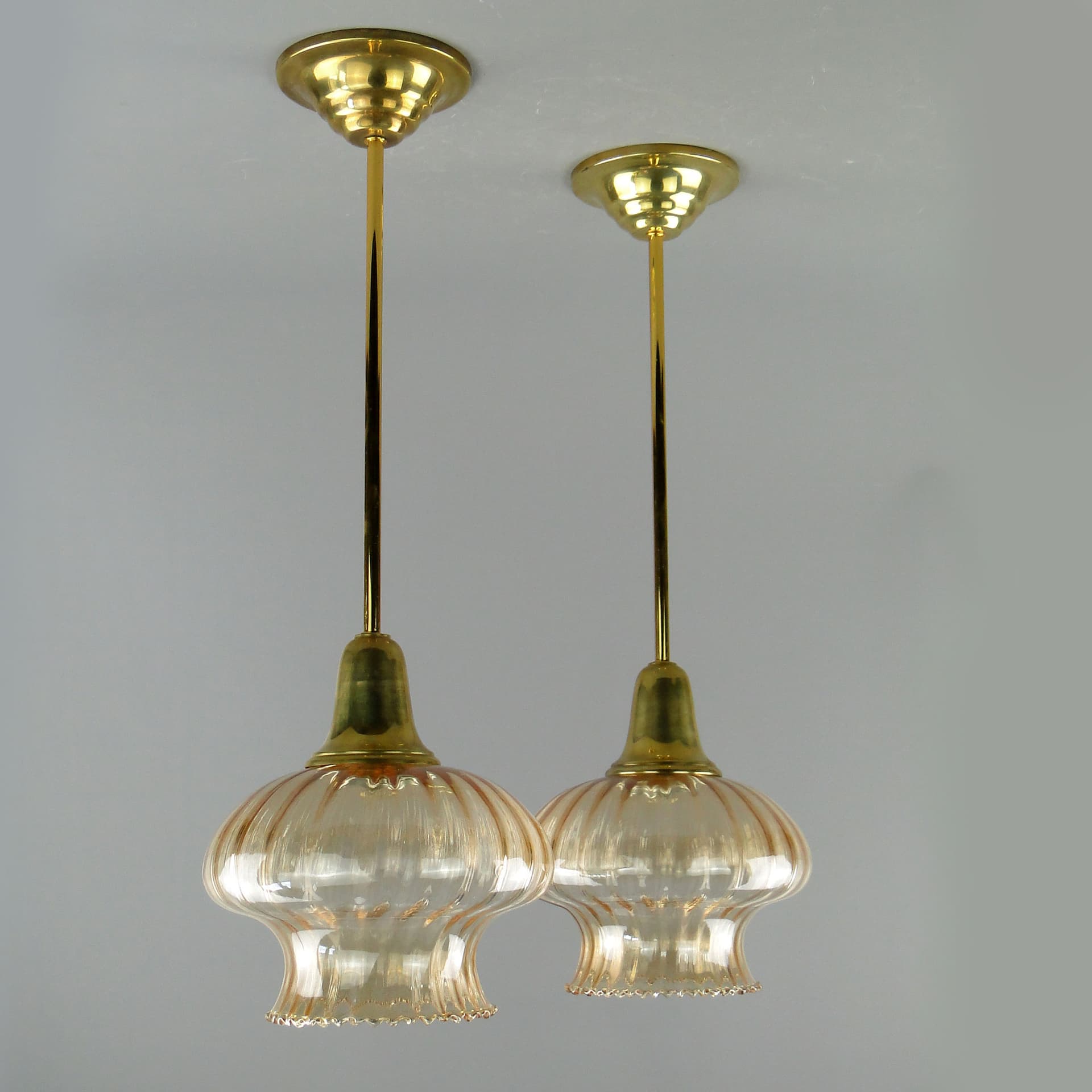 Pair of pendant lamps, golden, glass, Poland, 1960s. - 2658