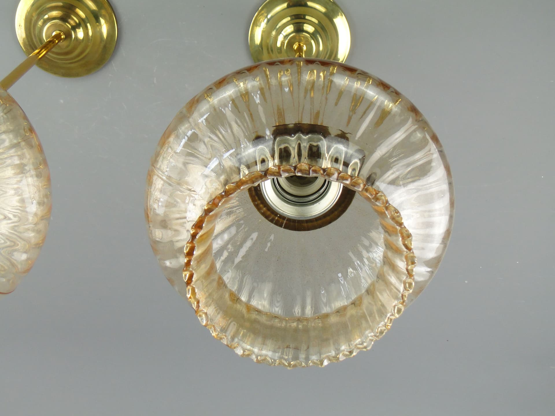 Pair of pendant lamps, golden, glass, Poland, 1960s. - 2656