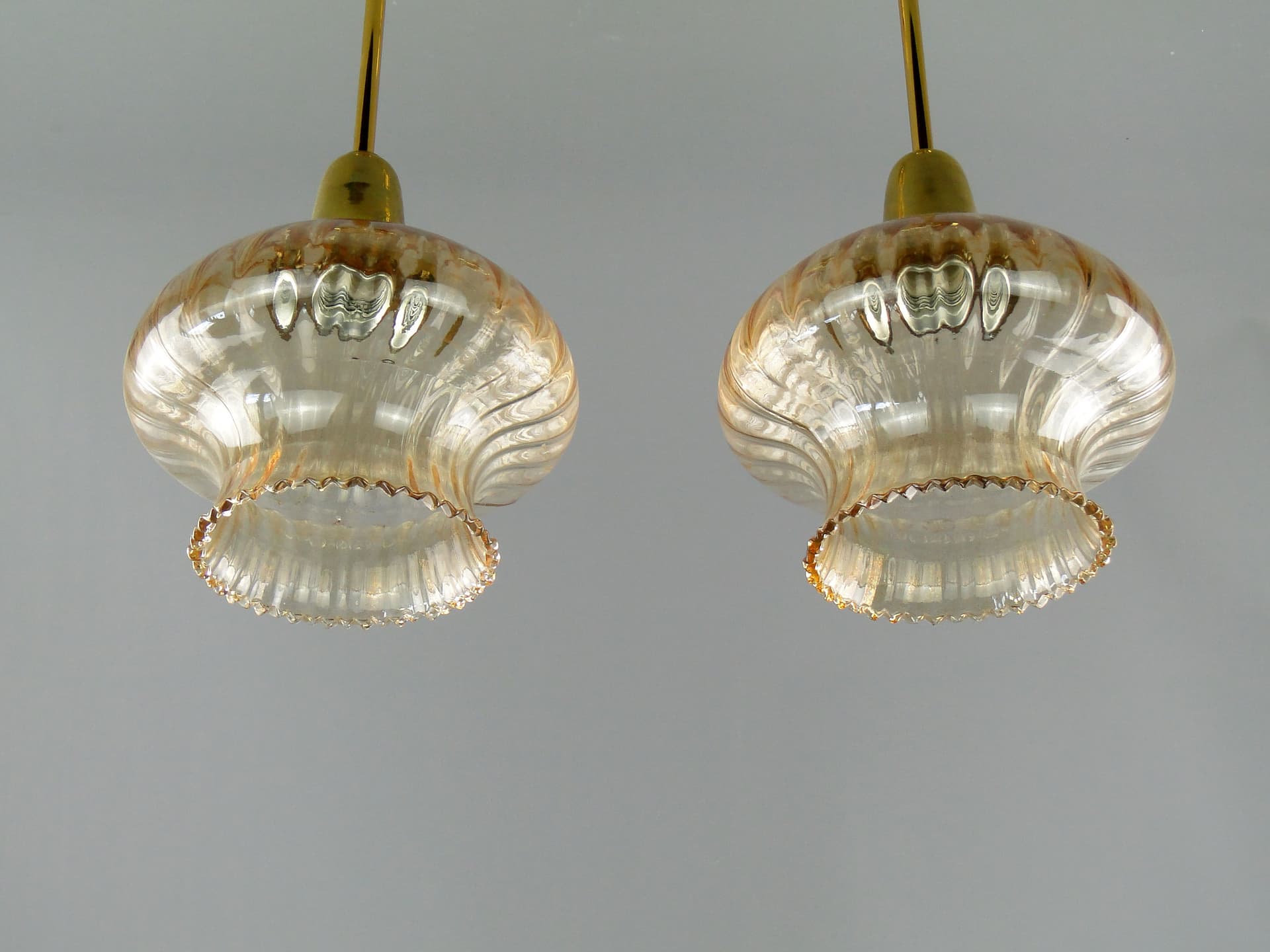 Pair of pendant lamps, golden, glass, Poland, 1960s. - 2655