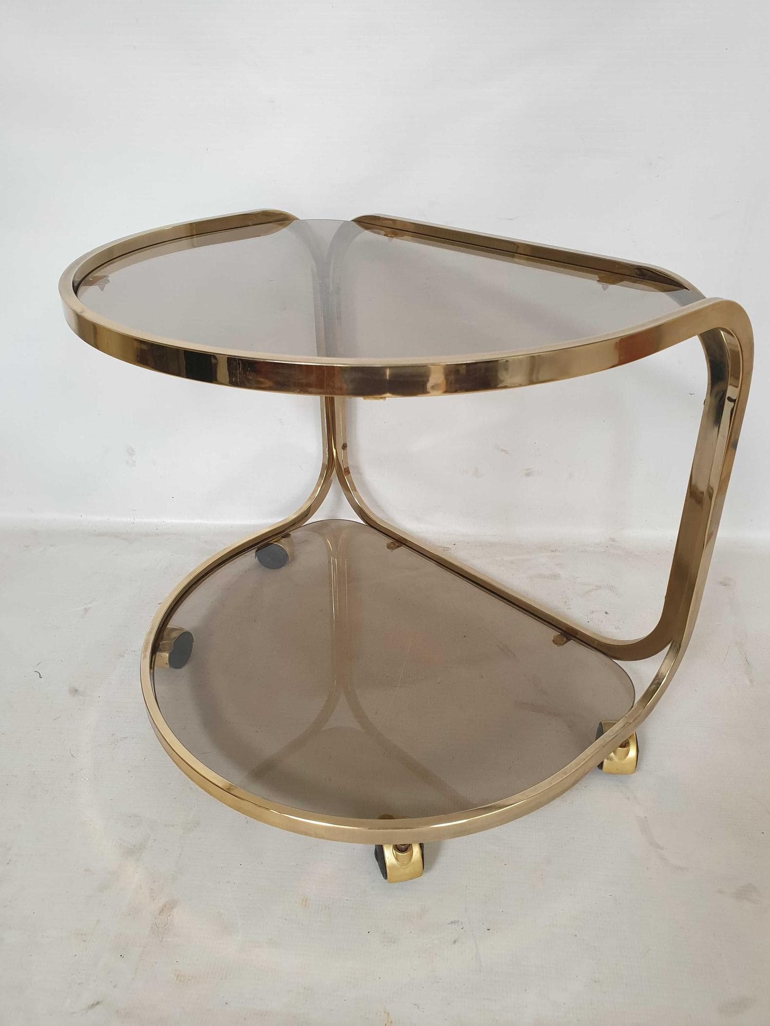 Bar cart, gold brass, brown grey glass, 1970s. - 328699