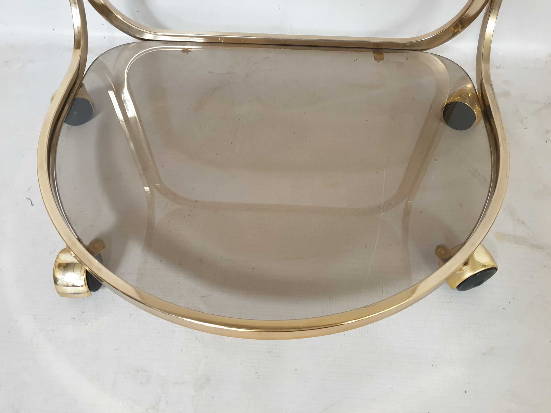 Bar cart, gold brass, brown grey glass, 1970s. - 328698