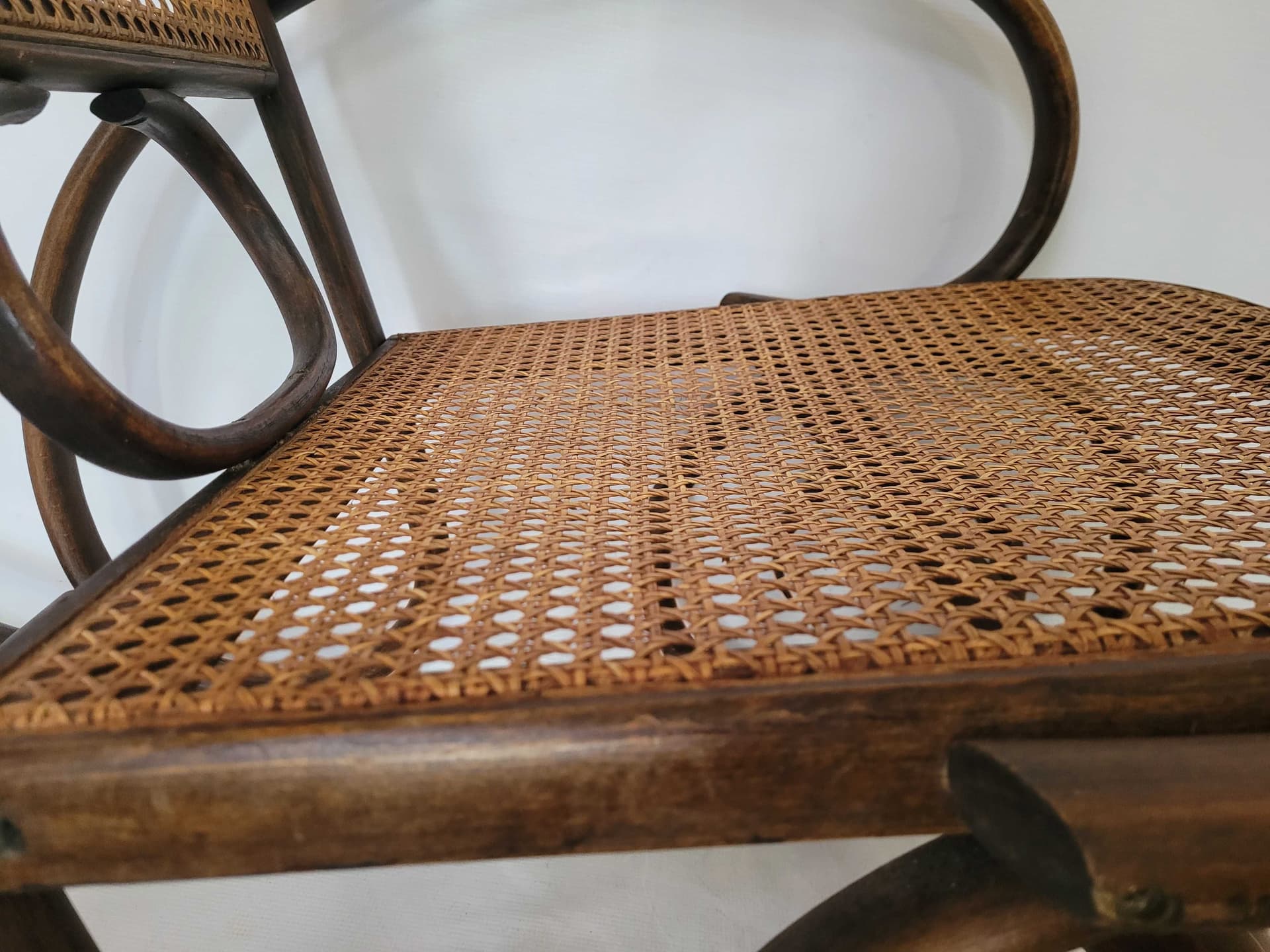 Rocking chair, brown wood, beige rattan, Austria, 1930s. - 328695