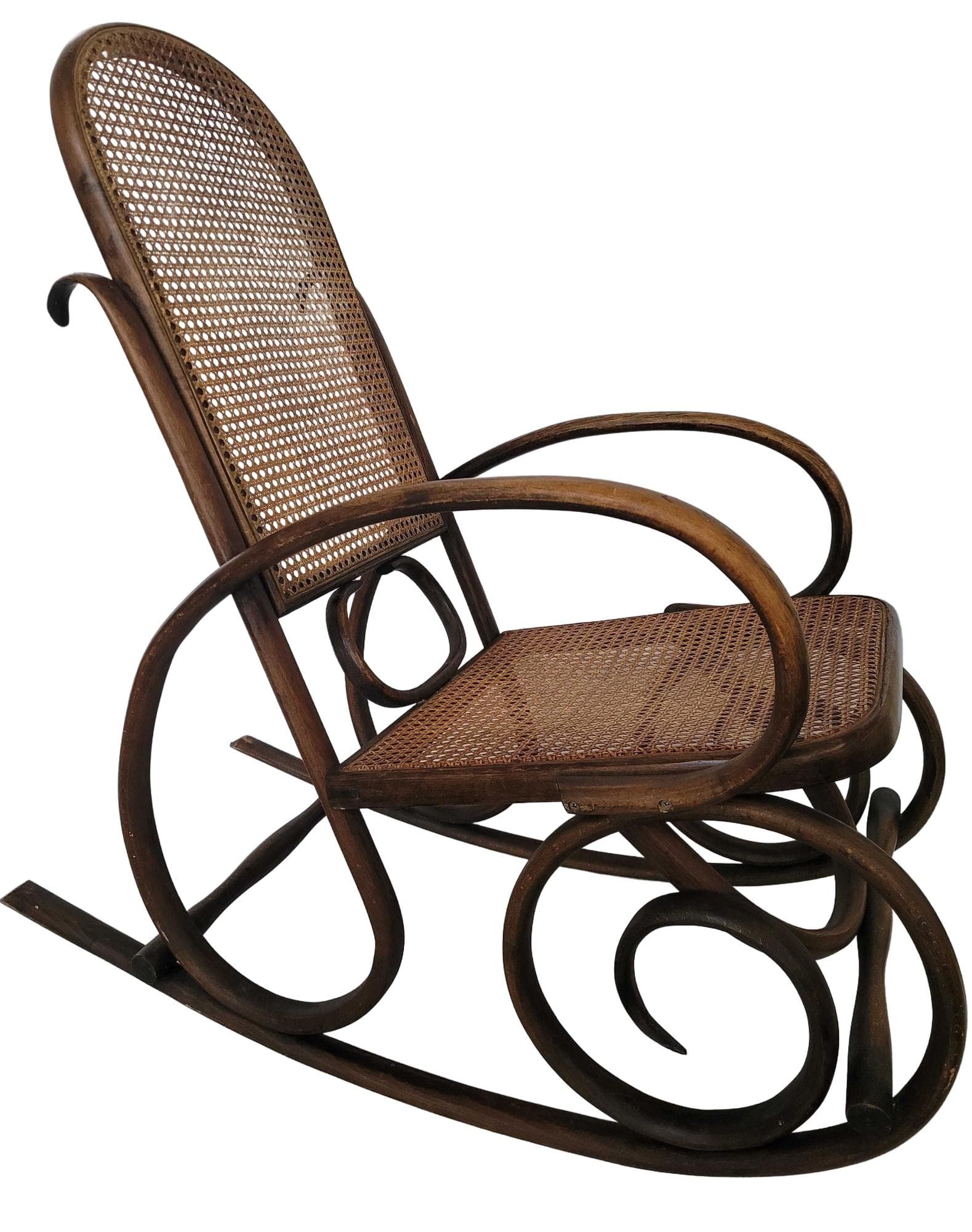 Rocking chair, brown wood, beige rattan, Austria, 1930s. - 328694