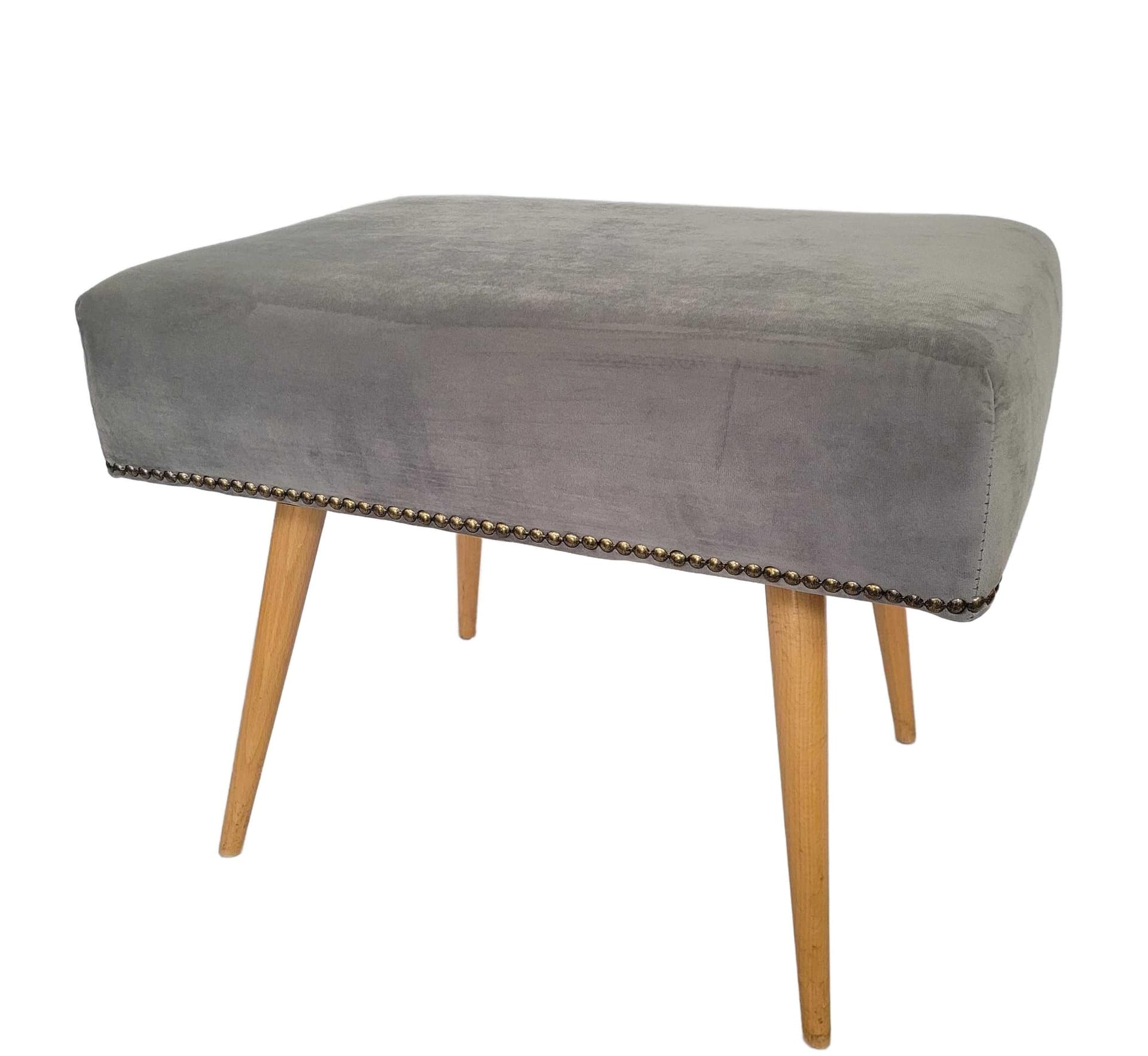 Stool Patyczak, light grey velvet, natural wood, Poland, 1970s.