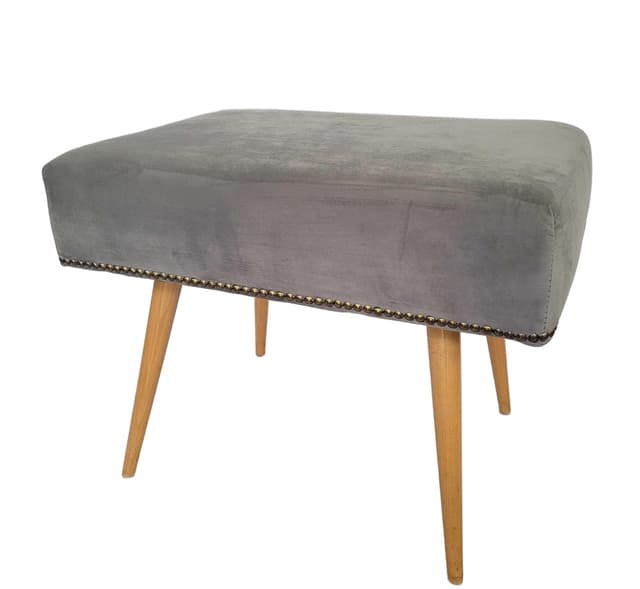 Stool Patyczak, light grey velvet, natural wood, Poland, 1970s. - DIMENSION