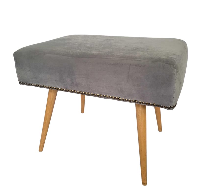 Stool Patyczak, light grey velvet, natural wood, Poland, 1970s.