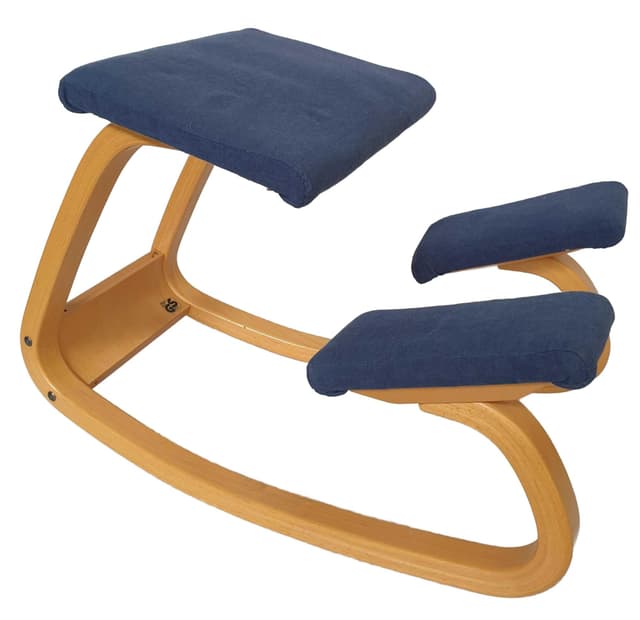 Kneeling chair, blue fabric, brown plywood, by P. Opsvik, Stokke, Norway, 1980s. - DIMENSION