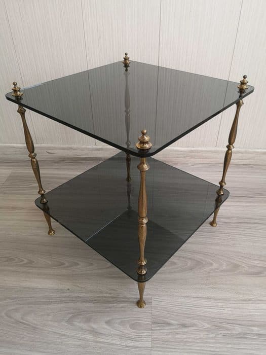 Side table, gold brass, grey glass - 328630