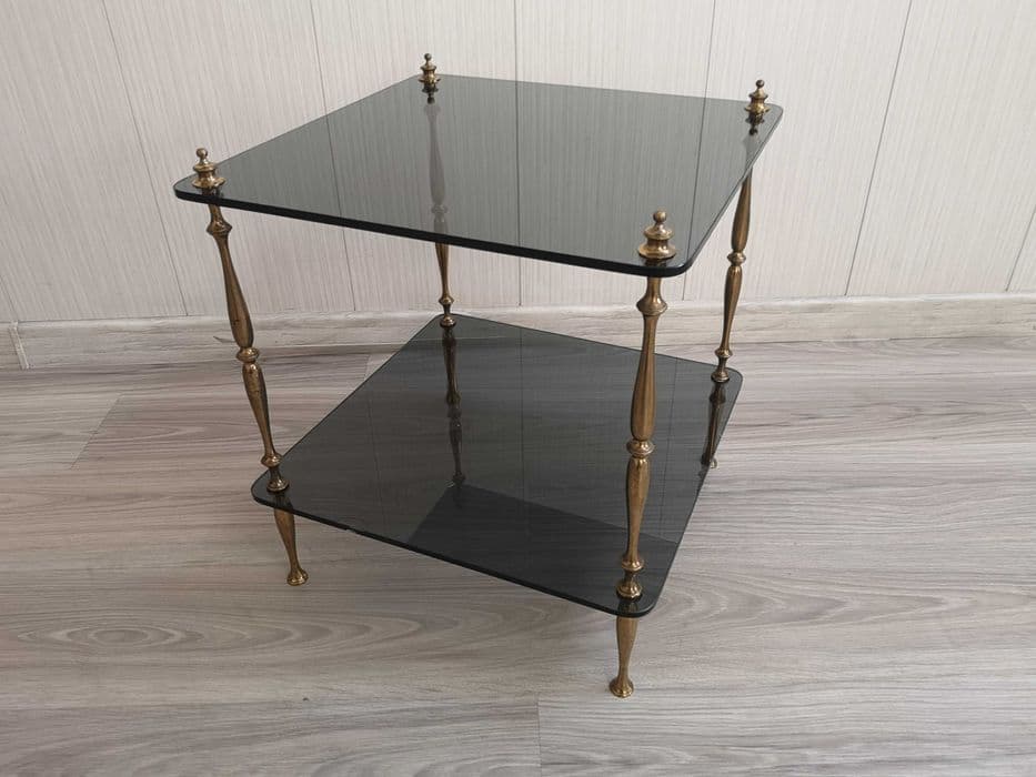 Side table, gold brass, grey glass - 328629