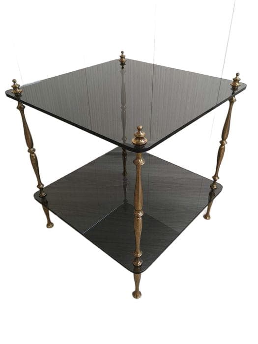 Side table, gold brass, grey glass