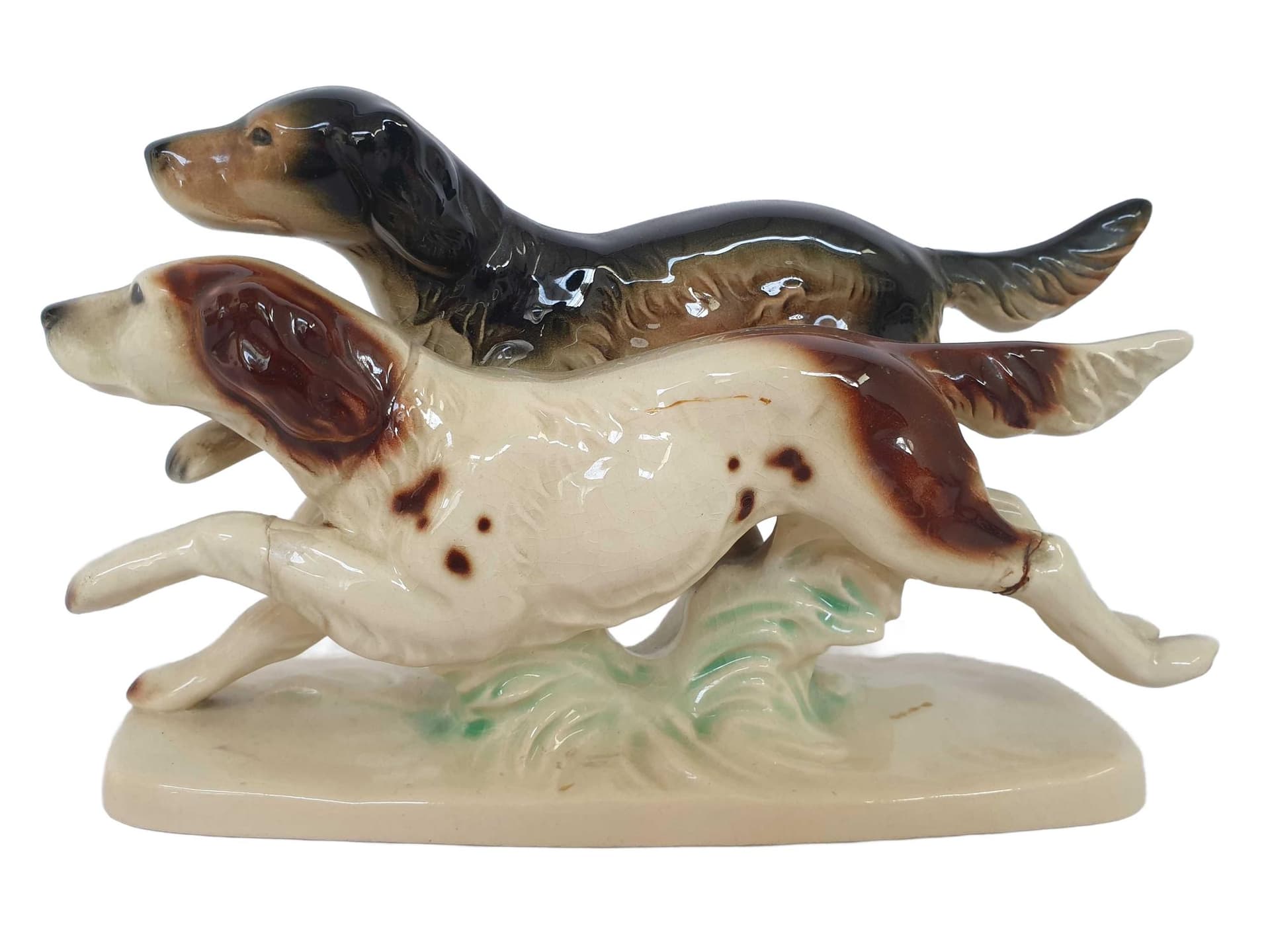 Figurine Hunting Dogs, beige brown black green, porcelain, 1970s.