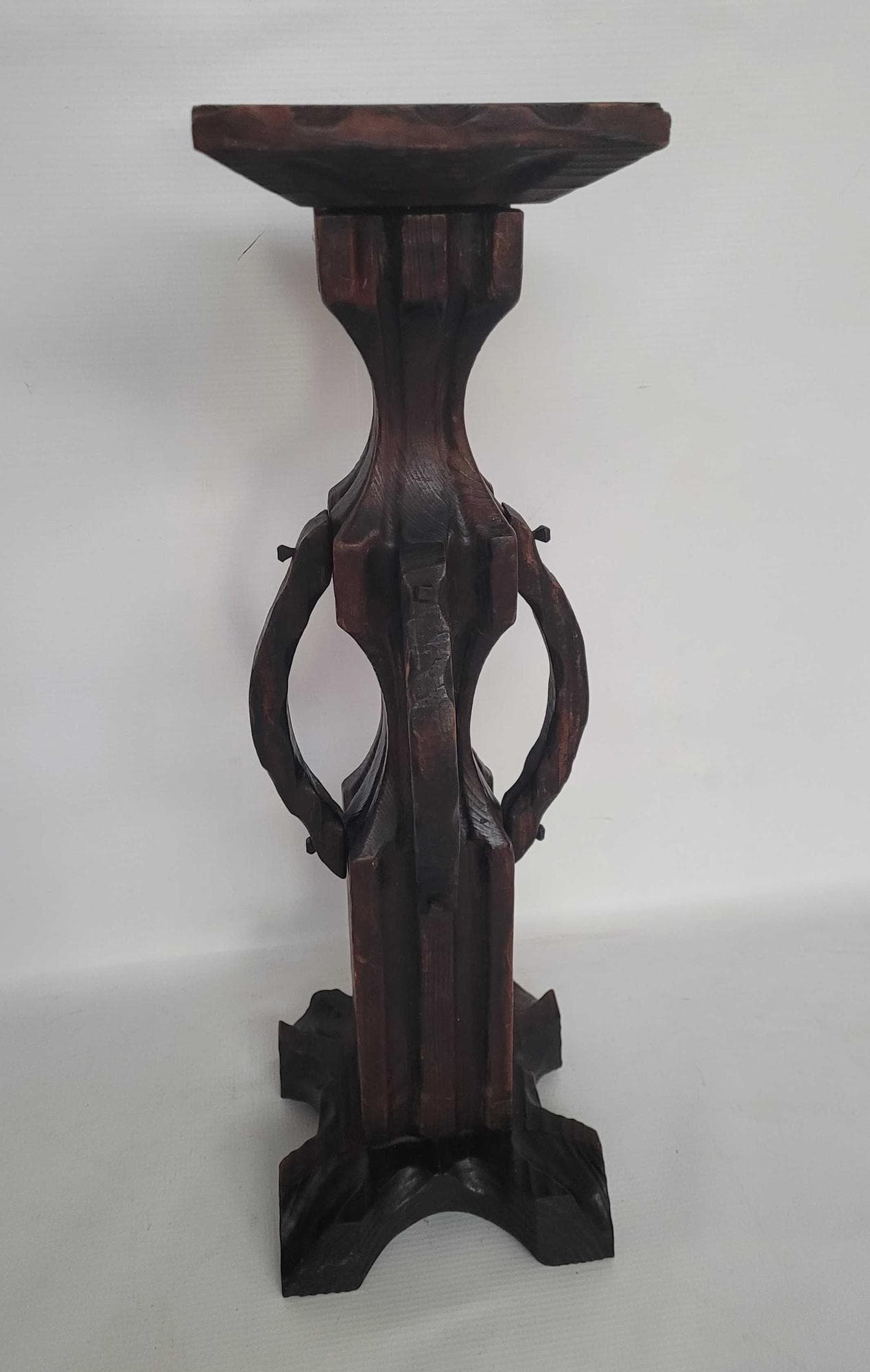 Brutalist Candlestick, brown red, wood, Spain - 328606