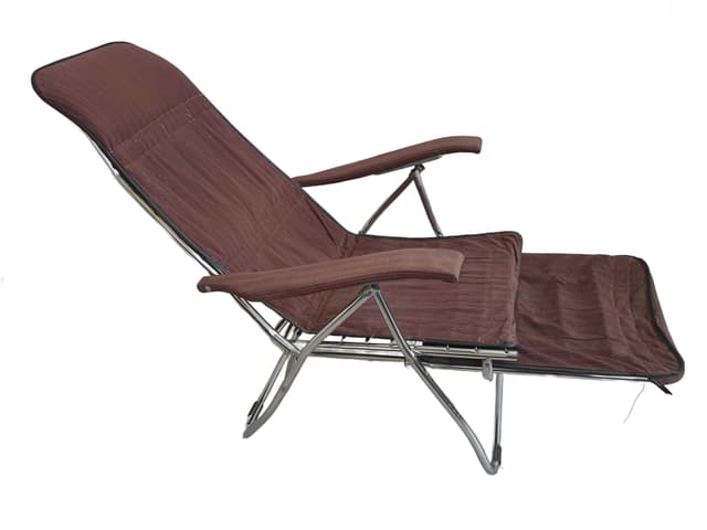 Folding lounge chair, brown fabric, silver metal, Poland, 1970s. - DIMENSION