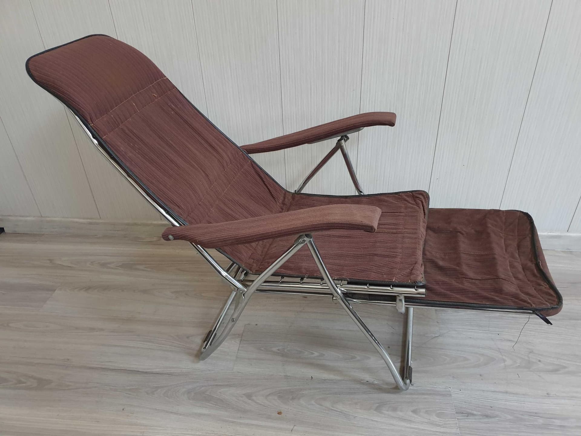 Folding lounge chair, brown fabric, silver metal, Poland, 1970s. - 331920