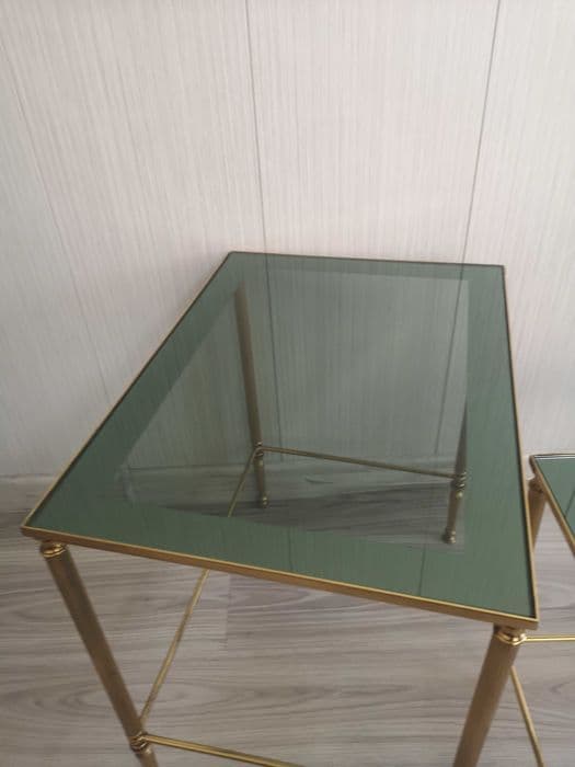 Set of three nesting tables, gold brass, grey green glass, 1990s. - 331895