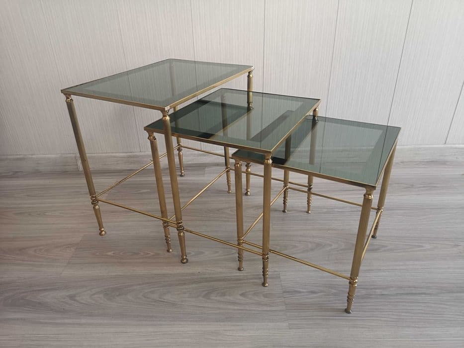 Set of three nesting tables, gold brass, grey green glass, 1990s. - 331896