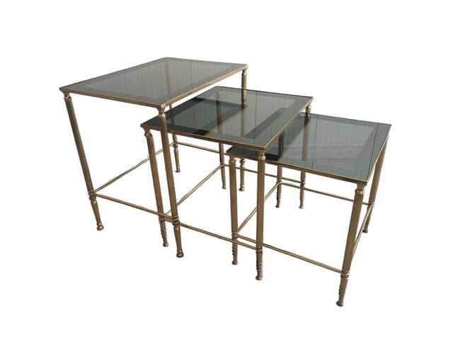 Set of three nesting tables, gold brass, grey green glass, 1990s. - DIMENSION