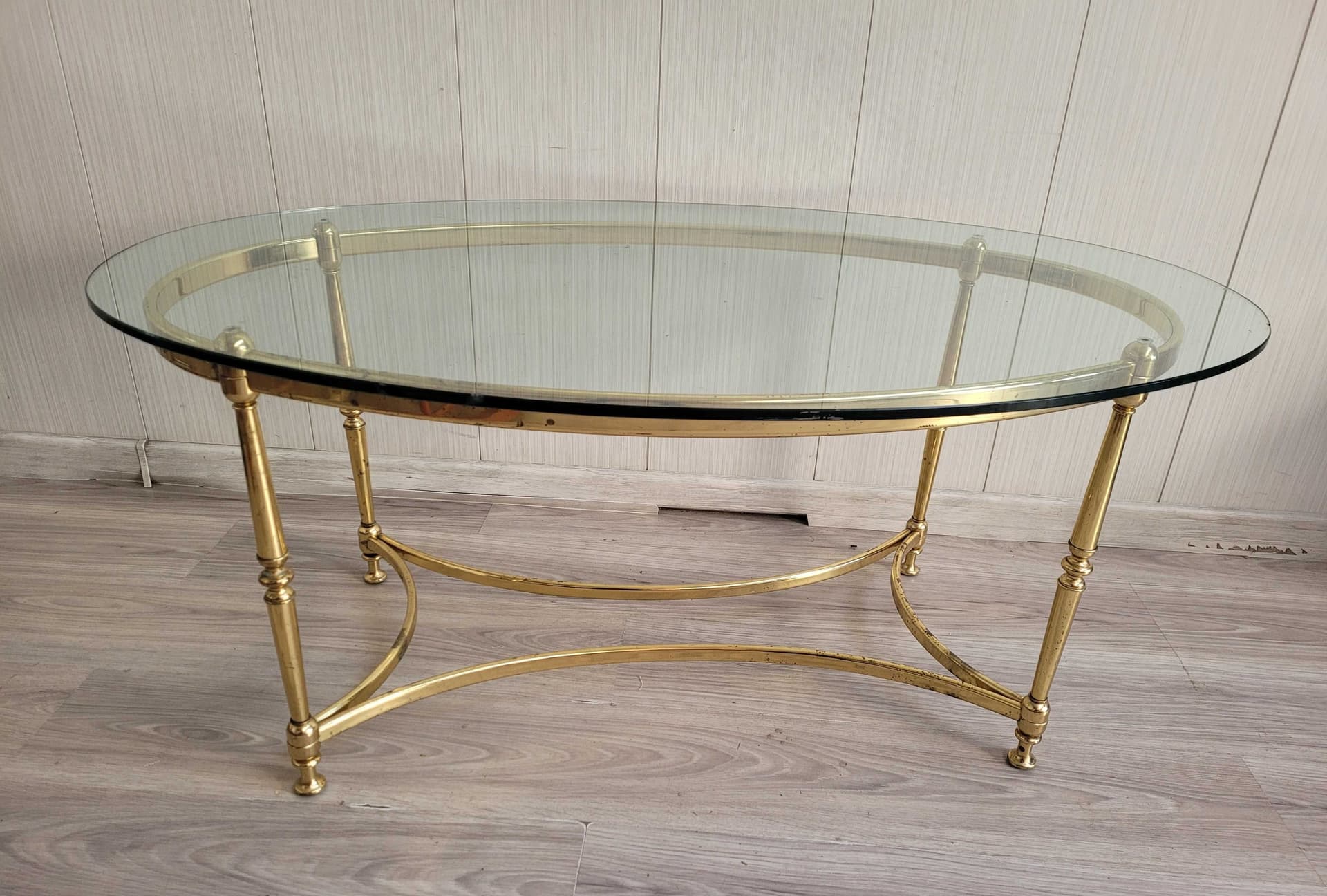 Stolik kawowy, szkło transparent, mosiądz złoty - 331854
