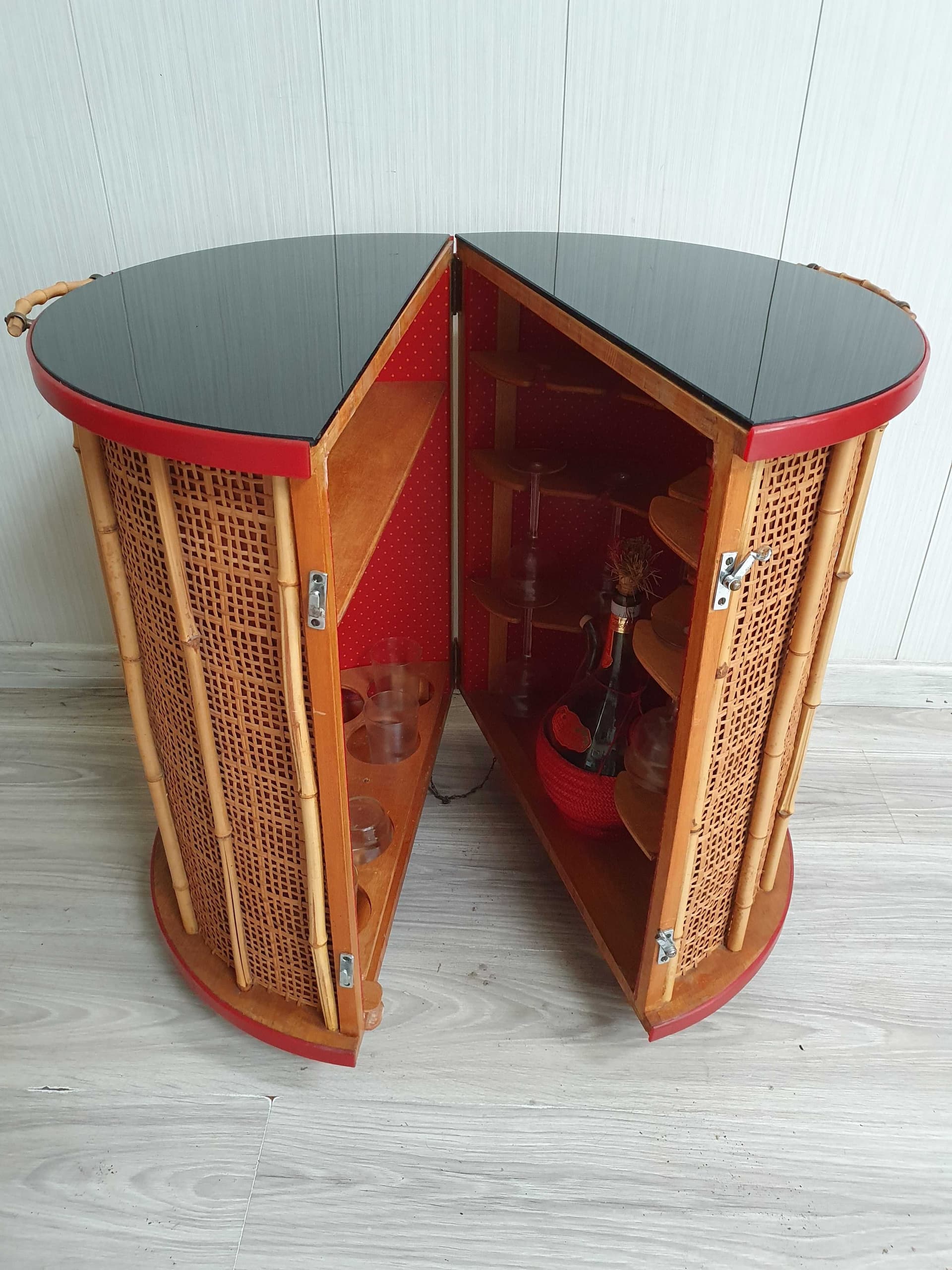 Round Mobile Bar Cabinet, brown bamboo, black glass, brass, Poland, 1970s. - 331848