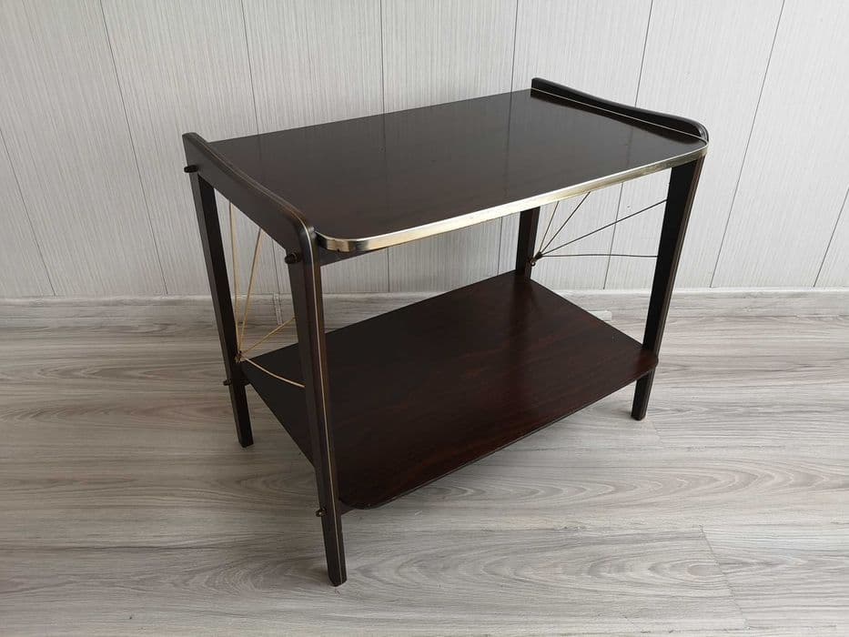 Side Table Rockabilly, dark brown wood, gold brass, Poland, 1960s - 331836