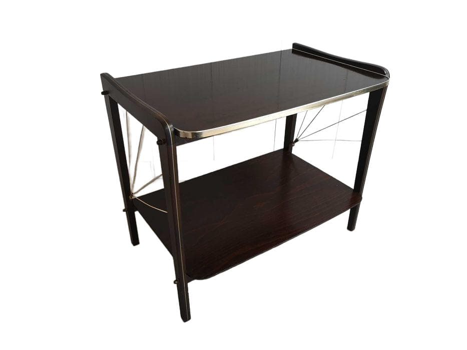 Side Table Rockabilly, dark brown wood, gold brass, Poland, 1960s