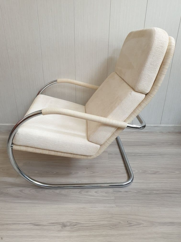Fotel D35, velvet beżowy, chrom, proj. A. Lorenz, Niemcy, lata 80. - 331830