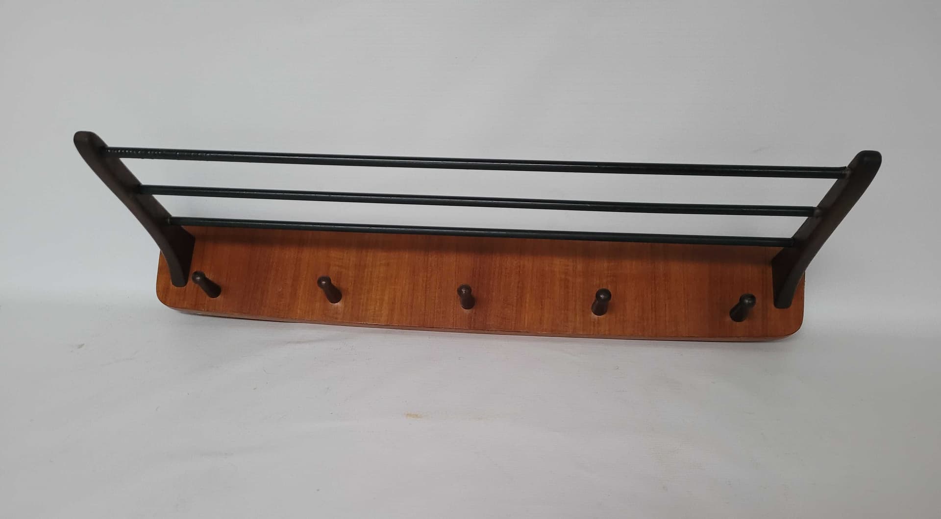 Wall-mounted rack, brown wood rattan black metal, Poland, 1970s. - 331803