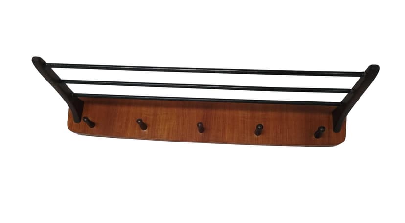 Wall-mounted rack, brown wood rattan black metal, Poland, 1970s.
