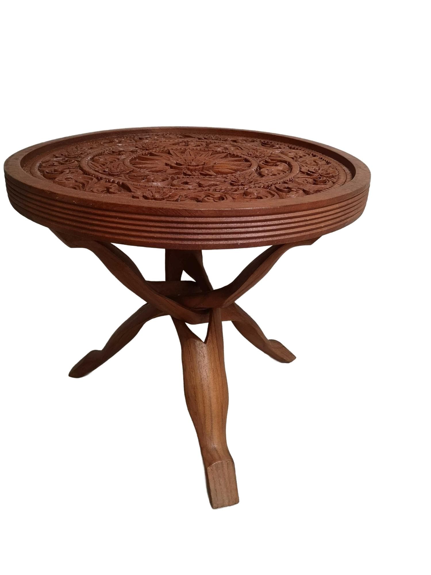 Carved side table, brown wood