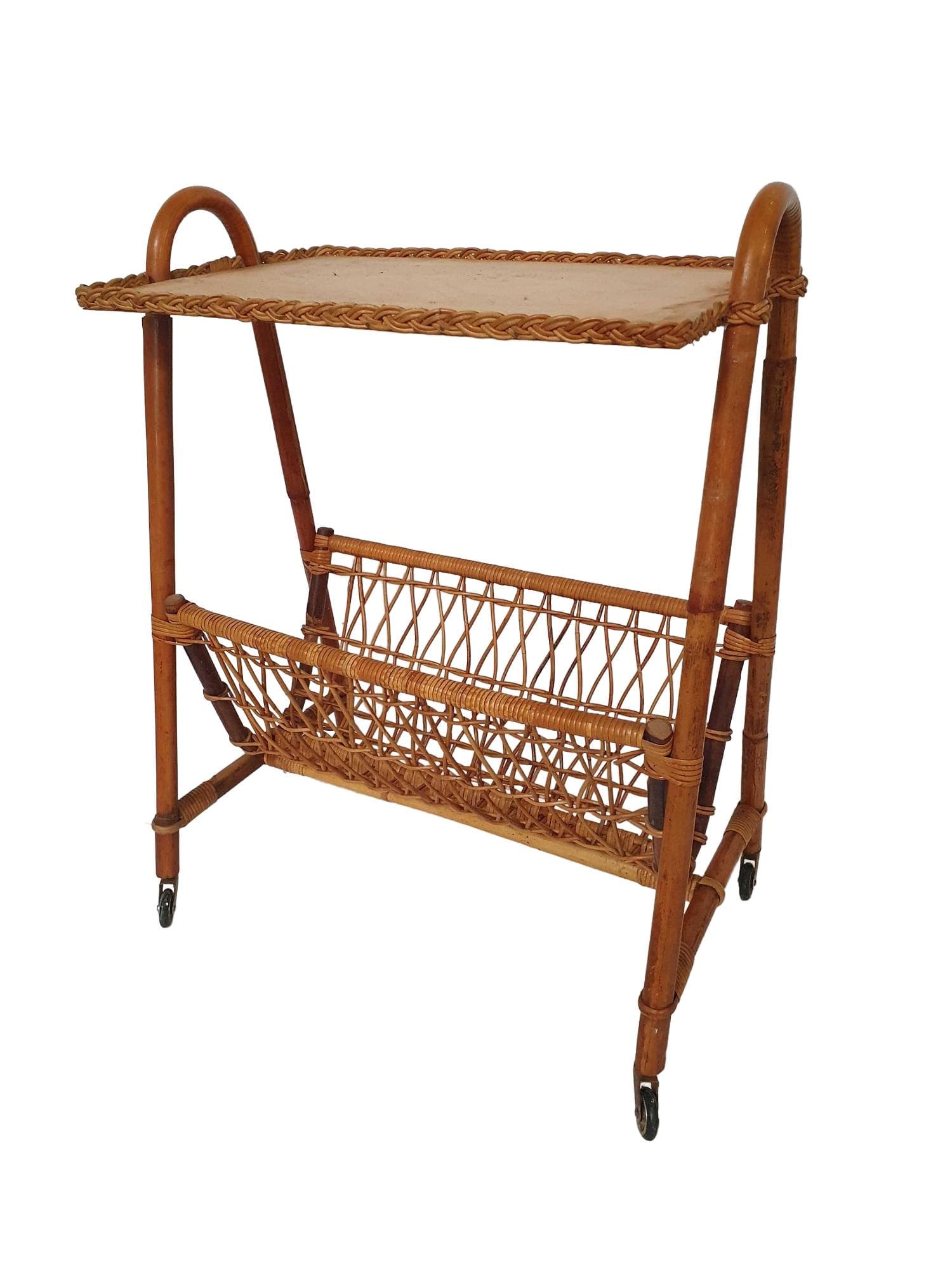 Magazine rack, brown rattan, brown bamboo, 1970s