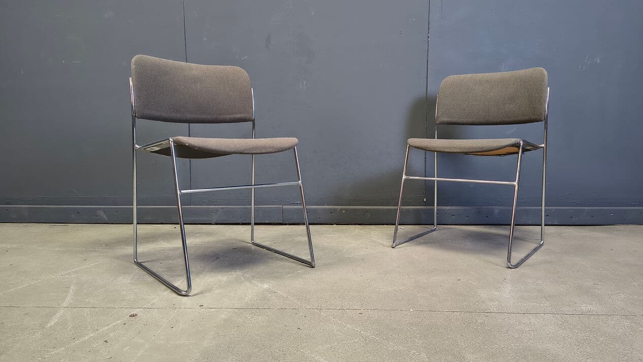 Set of six 40/4 chairs, grey upholstery, chromed steel, by D. Rowland, Seid International, Belgium, 1970s. - 331646