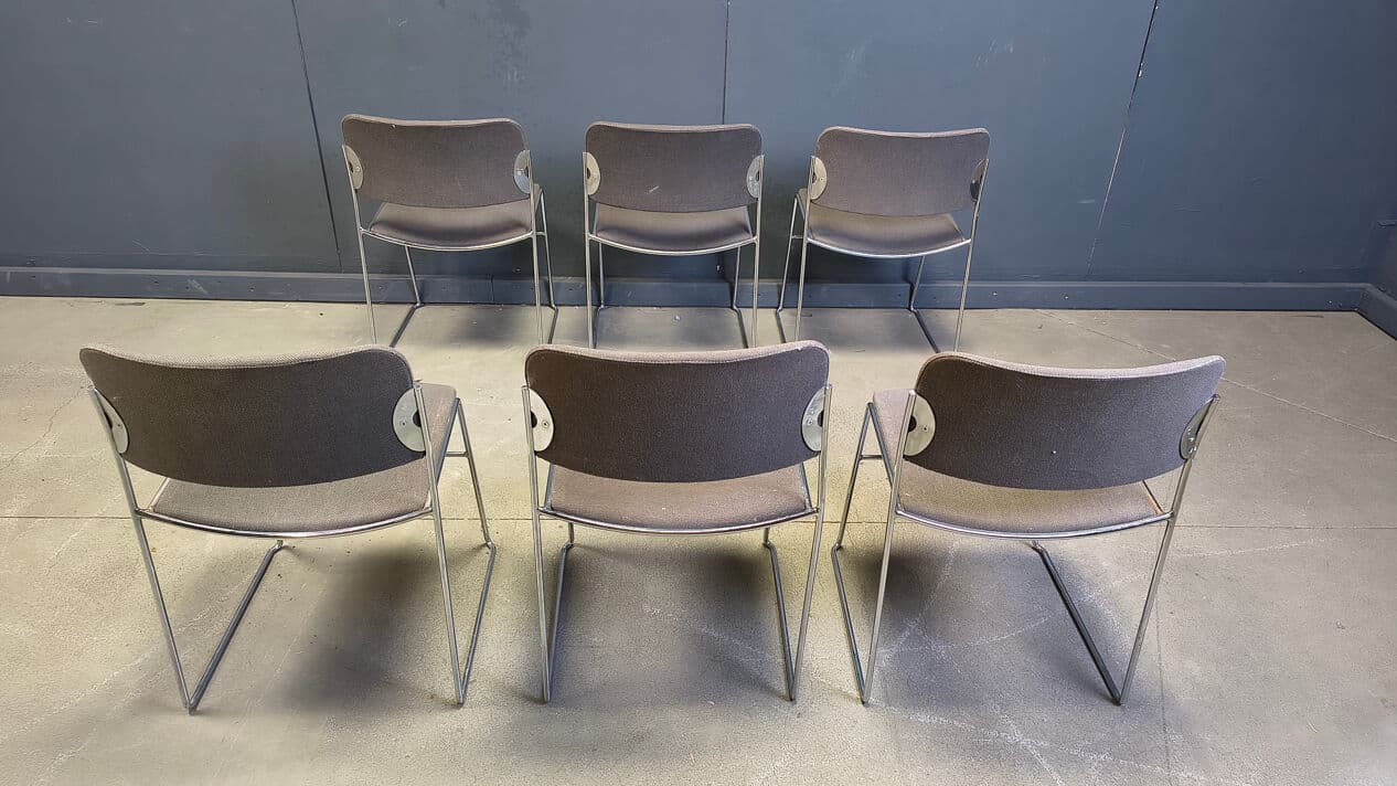 Set of six 40/4 chairs, grey upholstery, chromed steel, by D. Rowland, Seid International, Belgium, 1970s. - 331644