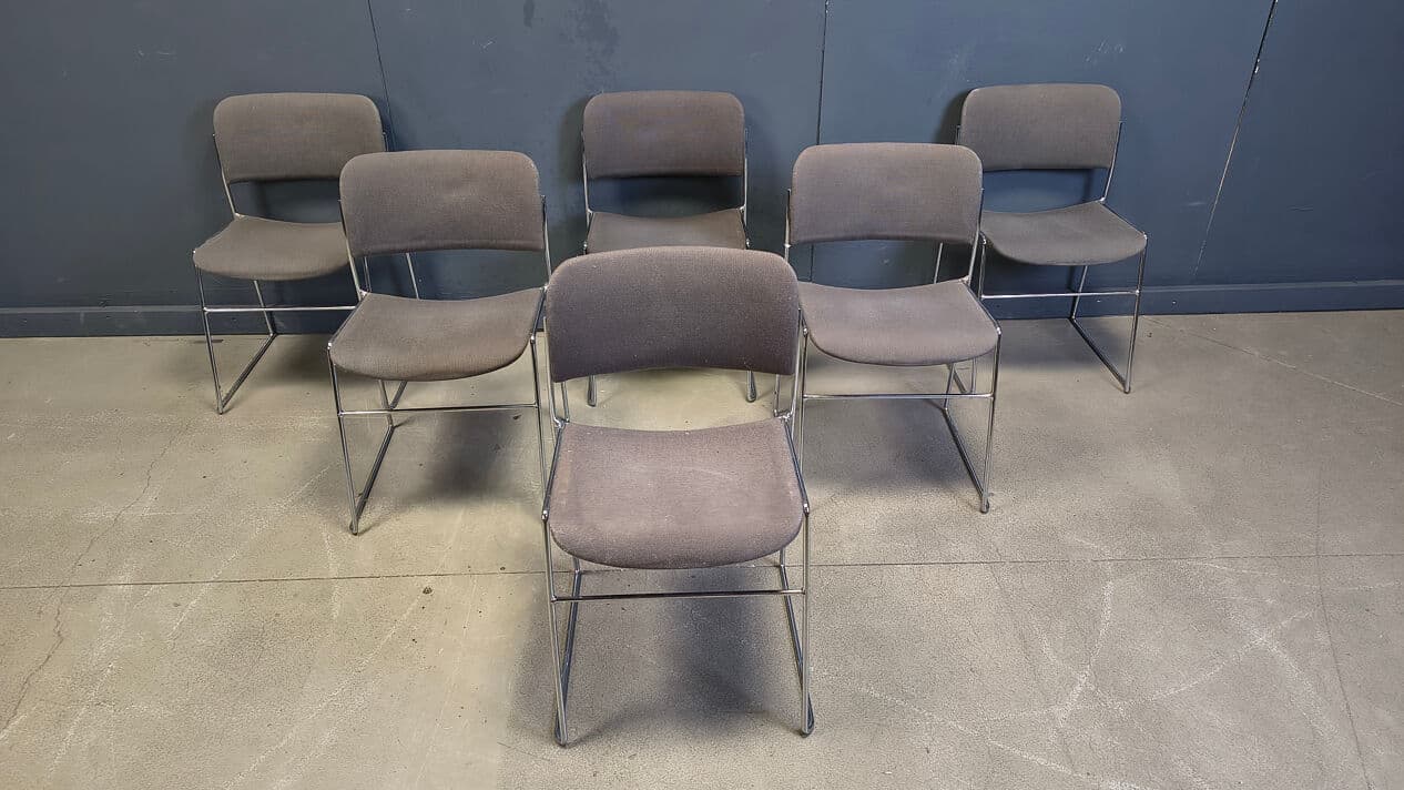 Set of six 40/4 chairs, grey upholstery, chromed steel, by D. Rowland, Seid International, Belgium, 1970s. - 331637