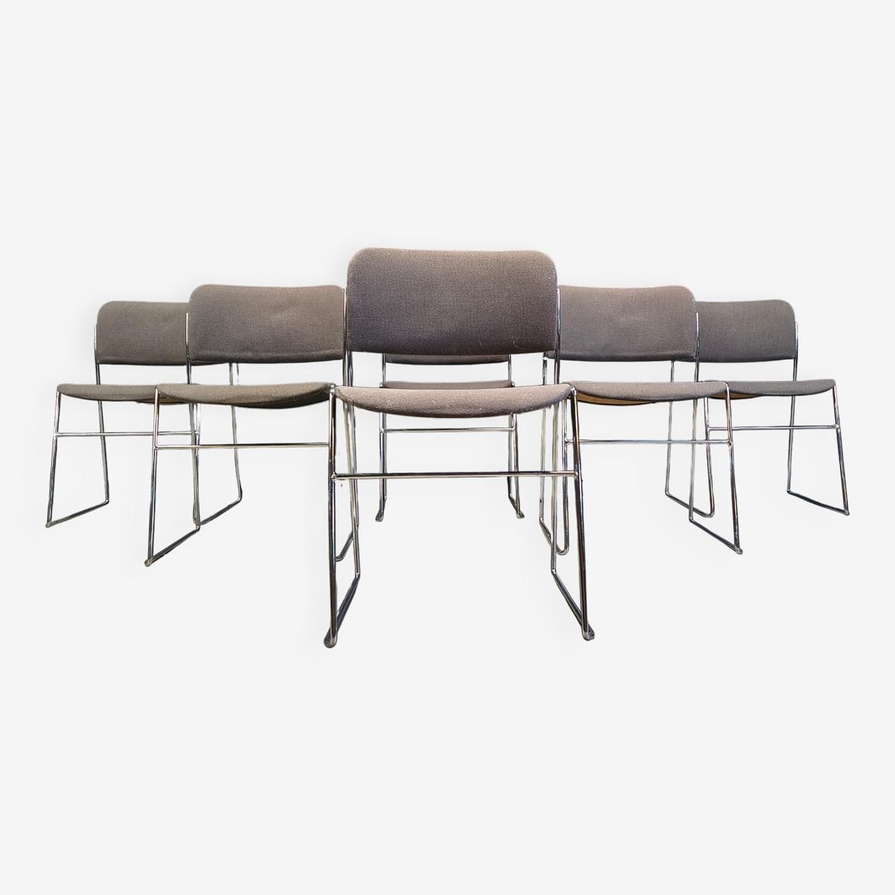 Set of six 40/4 chairs, grey upholstery, chromed steel, by D. Rowland, Seid International, Belgium, 1970s. - 331639