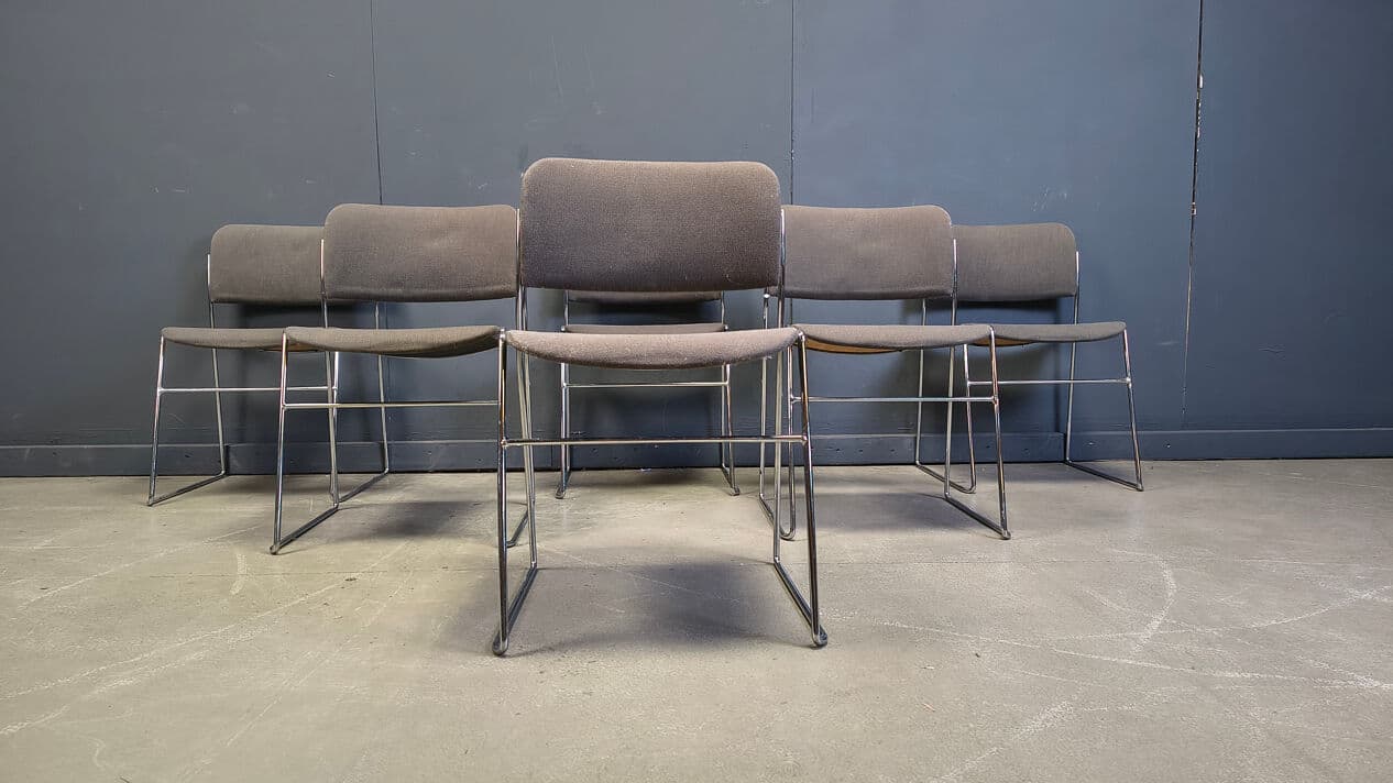 Set of six 40/4 chairs, grey upholstery, chromed steel, by D. Rowland, Seid International, Belgium, 1970s. - 331638