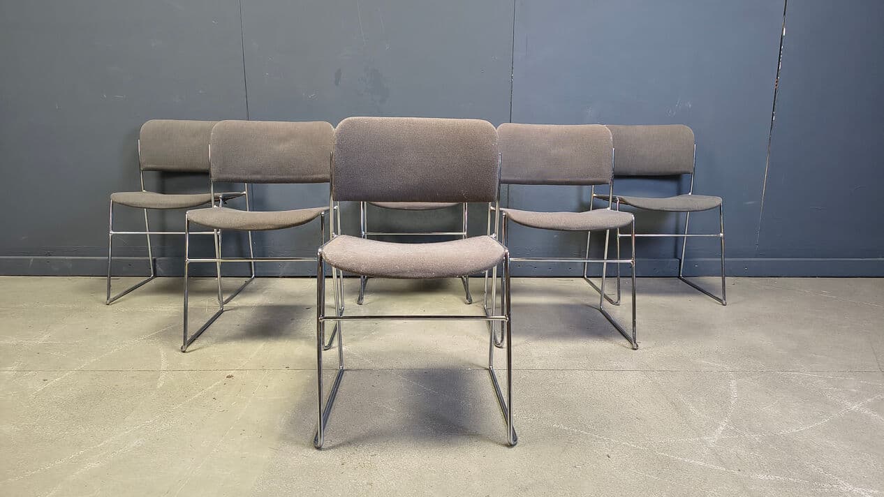 Set of six 40/4 chairs, grey upholstery, chromed steel, by D. Rowland, Seid International, Belgium, 1970s. - 331641