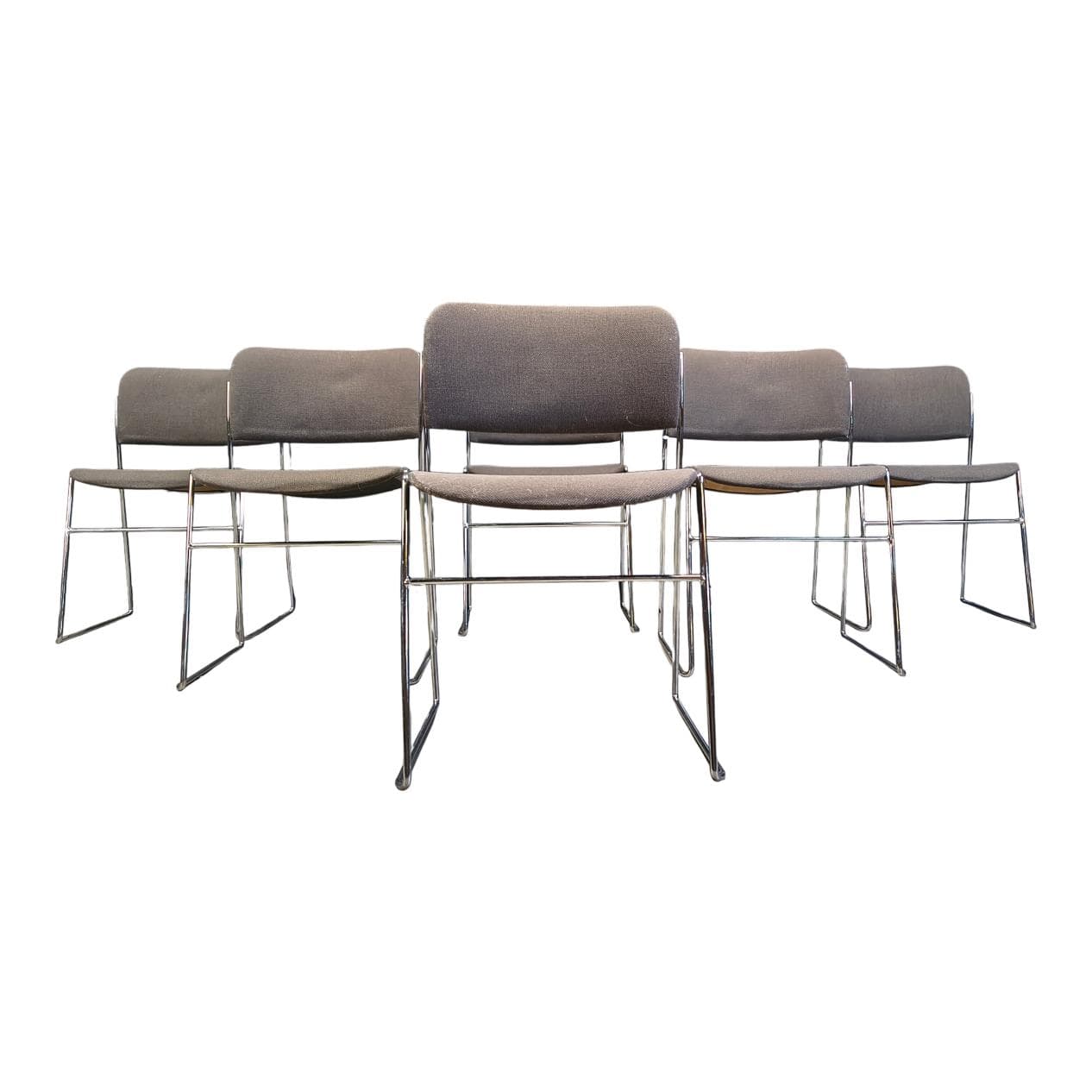 Set of six 40/4 chairs, grey upholstery, chromed steel, by D. Rowland, Seid International, Belgium, 1970s.