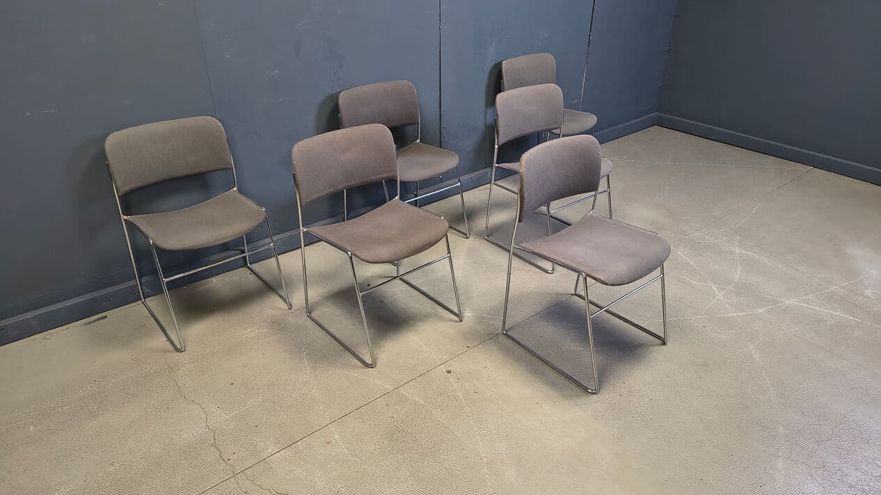 Set of six 40/4 chairs, grey upholstery, chromed steel, by D. Rowland, Seid International, Belgium, 1970s. - 331643