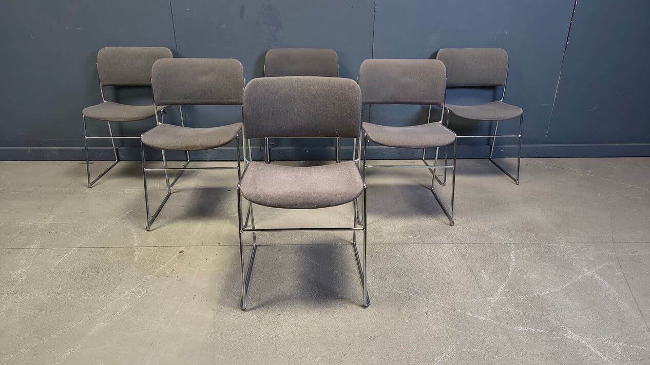 Set of six 40/4 chairs, grey upholstery, chromed steel, by D. Rowland, Seid International, Belgium, 1970s. - 331640
