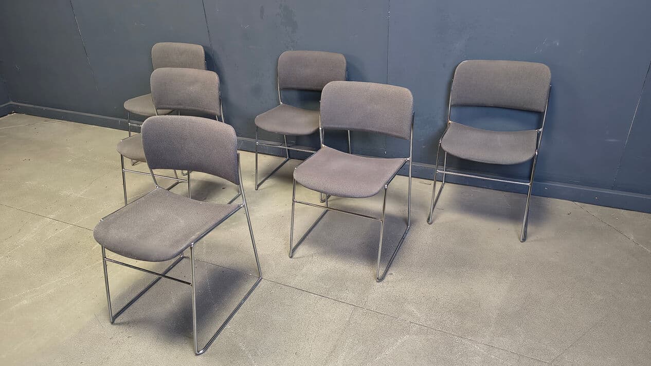 Set of six 40/4 chairs, grey upholstery, chromed steel, by D. Rowland, Seid International, Belgium, 1970s. - 331642