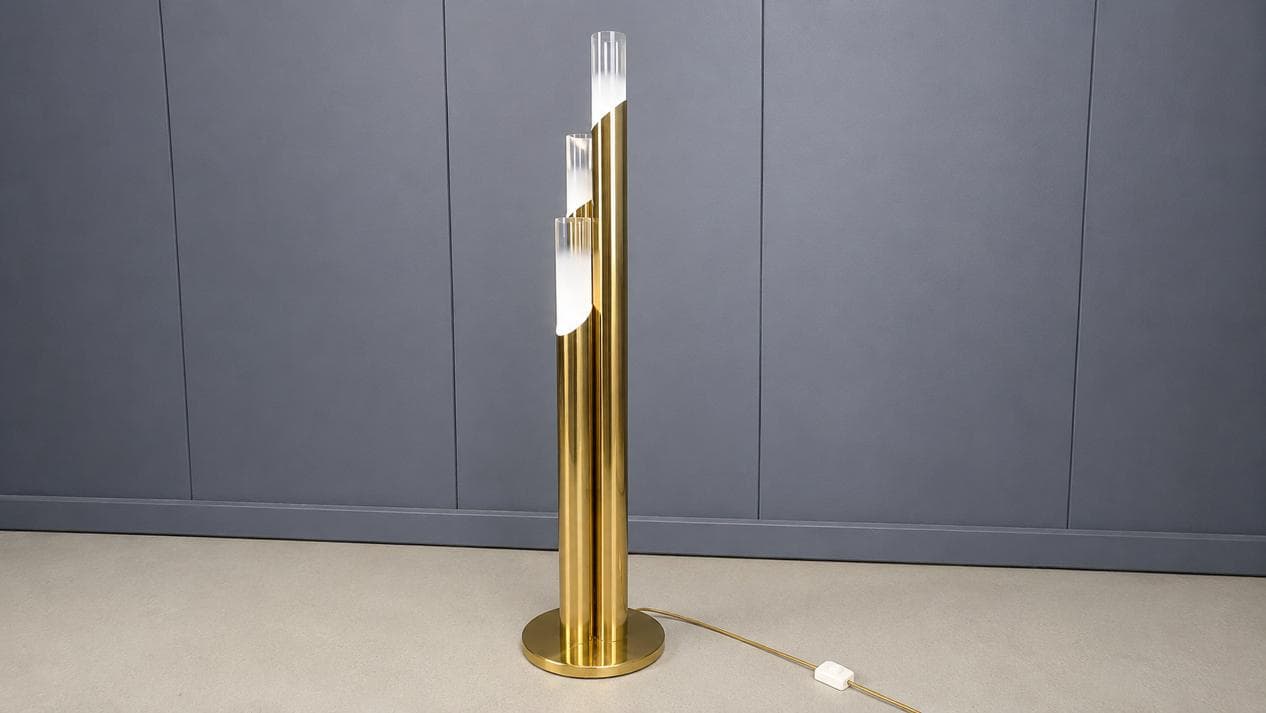 Floor lamp, gold brass, Murano glass transparent and white, Italy, 1970s. - 331634
