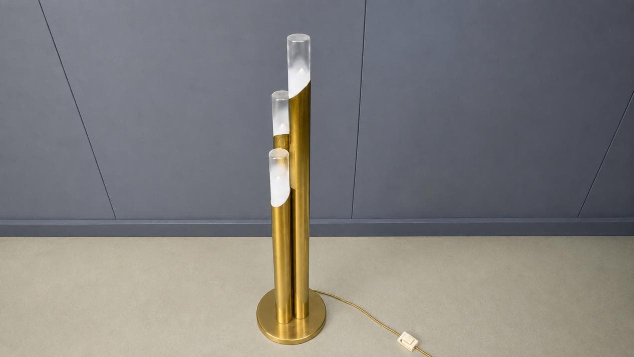 Floor lamp, gold brass, Murano glass transparent and white, Italy, 1970s. - 331629