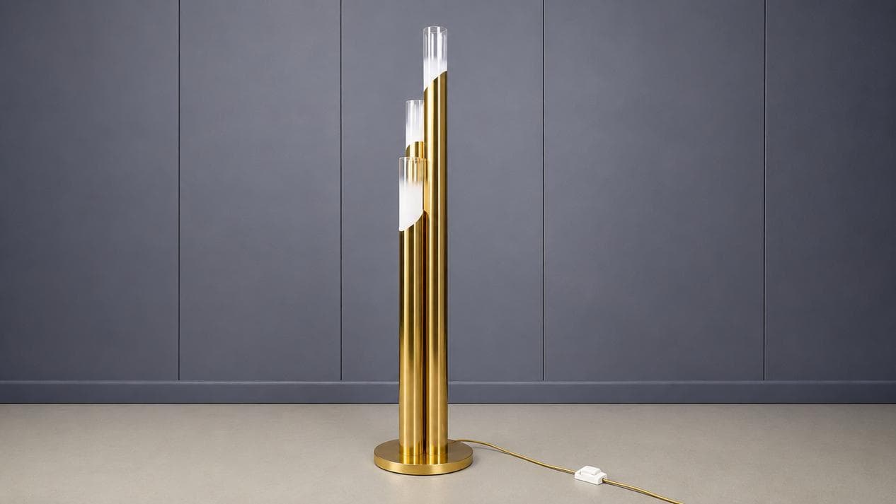 Floor lamp, gold brass, Murano glass transparent and white, Italy, 1970s. - 331631