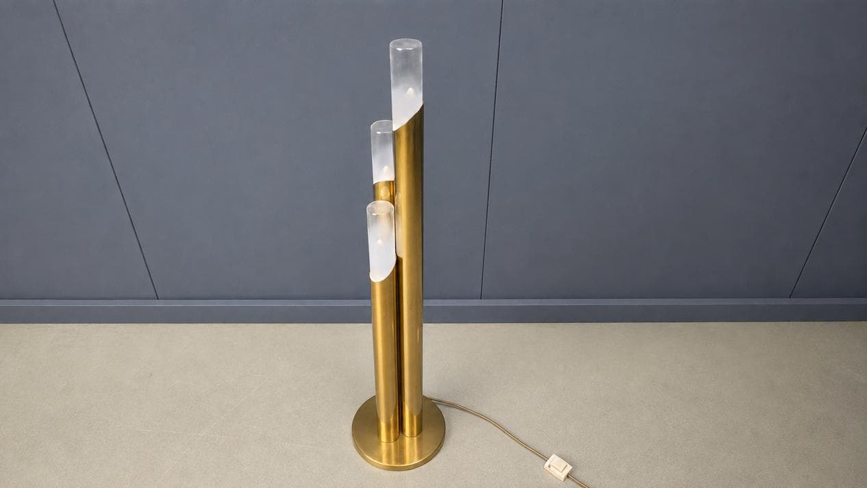 Floor lamp, gold brass, Murano glass transparent and white, Italy, 1970s. - 331630