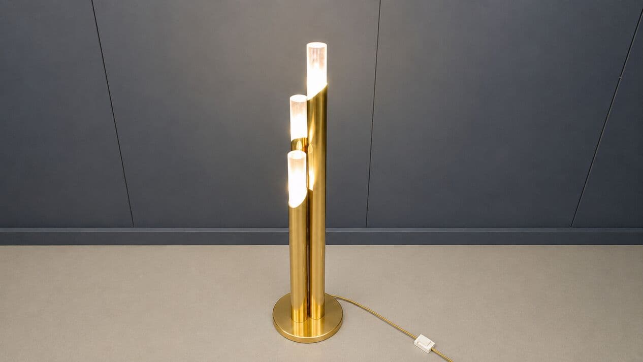 Floor lamp, gold brass, Murano glass transparent and white, Italy, 1970s. - 331632
