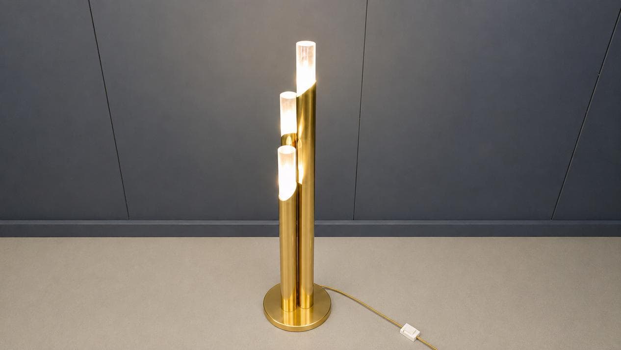 Floor lamp, gold brass, Murano glass transparent and white, Italy, 1970s. - 331633