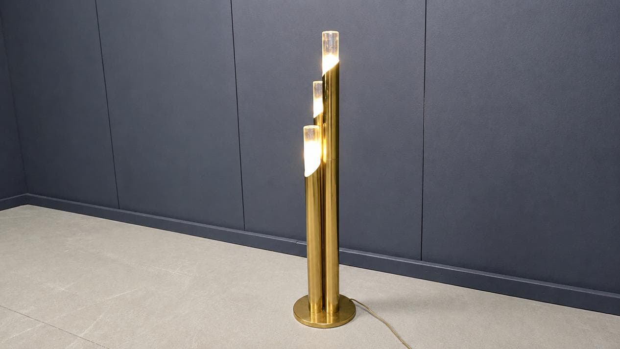 Floor lamp, gold brass, Murano glass transparent and white, Italy, 1970s. - 331628