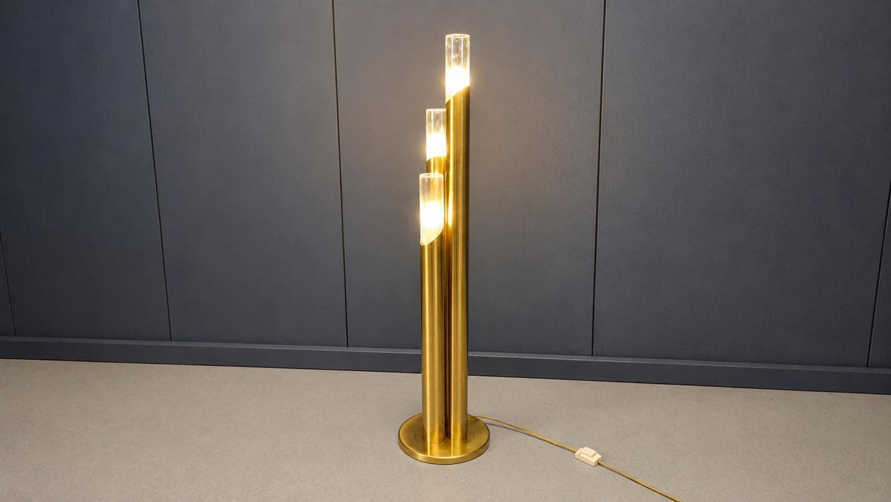 Floor lamp, gold brass, Murano glass transparent and white, Italy, 1970s. - 331627