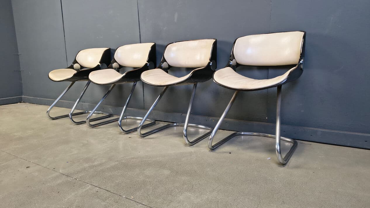 Set of four Arpege chairs, beige leather, plywood, chromed metal, by É. Fermigier, France, 1970s. - 331613