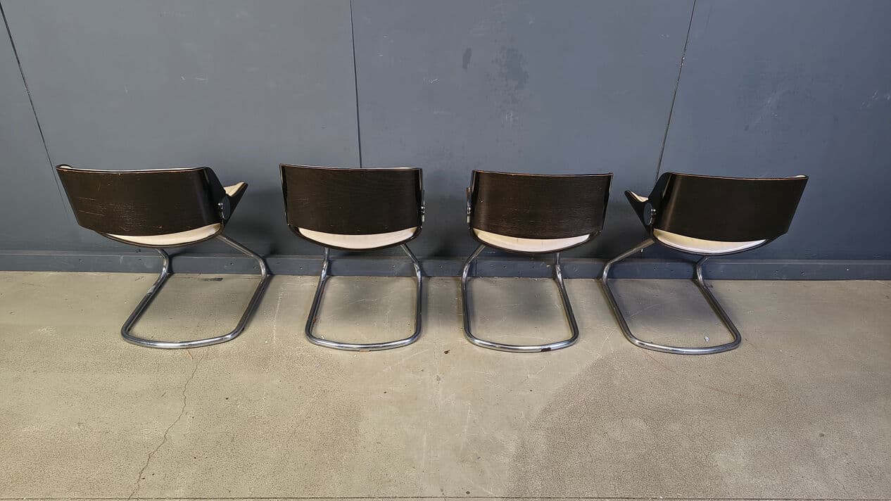 Set of four Arpege chairs, beige leather, plywood, chromed metal, by É. Fermigier, France, 1970s. - 331611